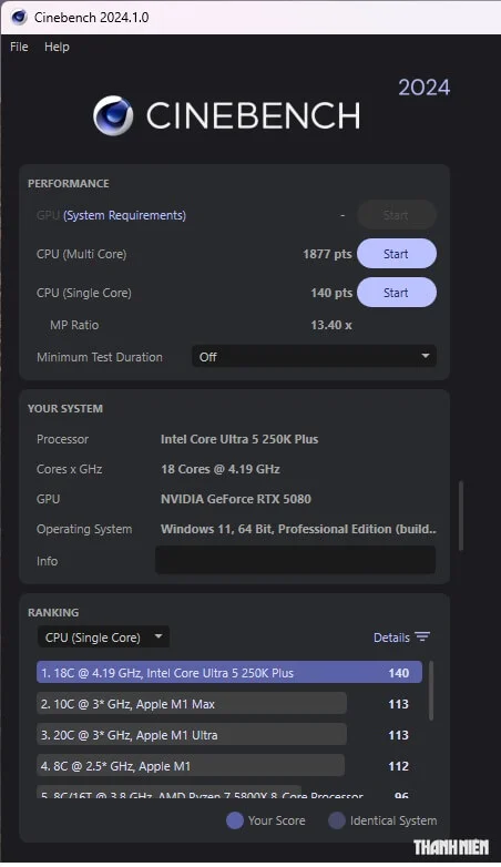 Điểm số bài kiểm tra hiệu năng Intel Core Ultra 5 250K Plus - Cinebench