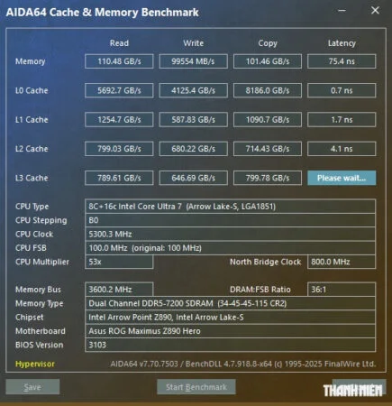 Điểm số bài kiểm tra hiệu năng Intel Core Ultra 7 270K Plus - AIDA64