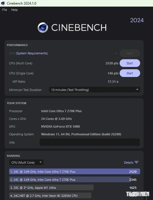 Điểm số bài kiểm tra hiệu năng Intel Core Ultra 7 270K Plus - Cinebench