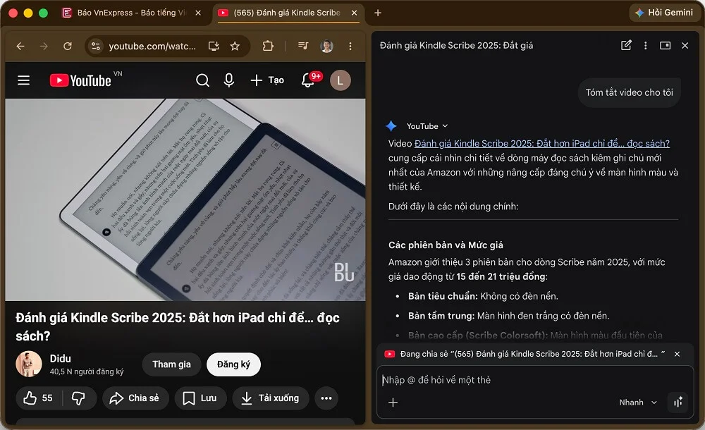 Dùng Gemini trên Chrome tóm tắt một video YouTube