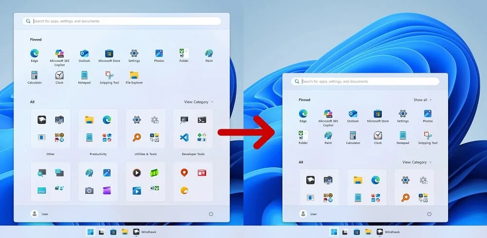 Start Menu Windows 11 thay đổi kích thước